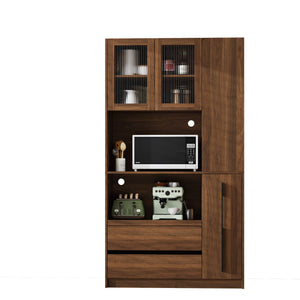 Tall Kitchen Pantry Cabinet With 4 Tier Side Shelf, 2 Drawers, Freestanding Food Hutch With Microwave Stand For Dining Room - Walnut