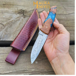 Handmad Damascus Steel Skinner Knife - Rosewood & Resin Handle - Leather Sheath - Ultimate Outdoor Companion-0024