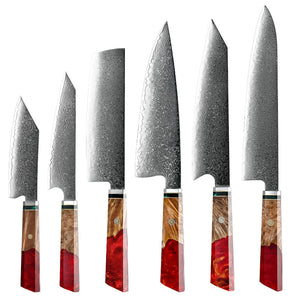 Fury Knife Set 6 Piece VG10 Damascus Steel with Exotic Maple Burl Wood & Resin Handle