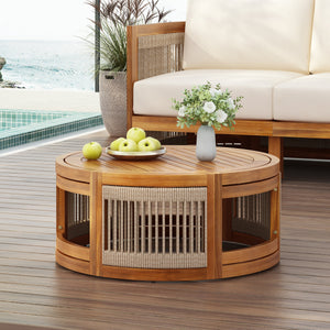 27.95" Acacia Wood Outdoor Coffee Table with Handwoven Rope Accent