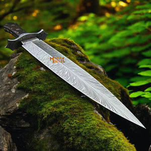 Feather Damascus Bowie Knife G10 Handle Leather Sheath