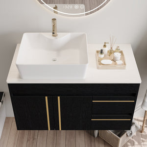 36" Wall-Mounted Bathroom Vanity with Vessel Ceramic Sink & Plywood Countertop