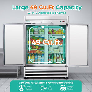 54" Commercial Refrigerator 49 Cu.Ft Stainless Steel 2 Door Reach-In Fridge