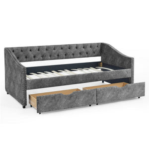 Upholstered Tufted Daybed With 2 Drawers, Waved Arms