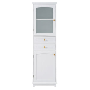 Tall Bathroom Storage Cabinet With Glass Doors, Free-Standing, Two Drawers, And Adjustable Shelves, Board, Painted Perfect For Displaying Your Favorite Items