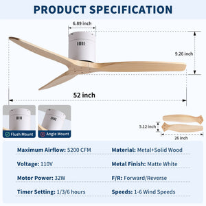 Low Profile Flush Ceiling Fan Without Light - Matte White / White