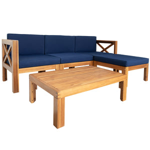 Outdoor Wood Sectional Patio Sofa Set with Blue Cushions - 5-Piece