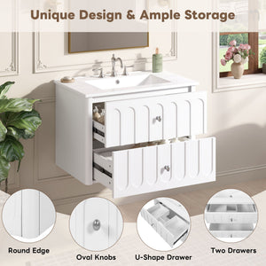Floating Bathroom Vanity With Oval Knobs & Round Edge, Soft Close Drawer Slides
