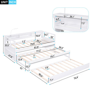Daybed With 2 Trundles, 3 Storage Cubbies, Built In USB Charging Light