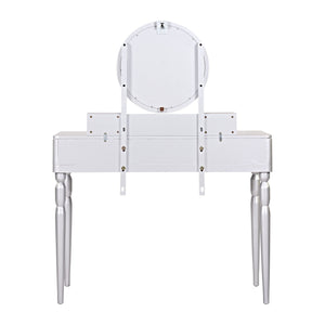 Luxury Vanity Desk With Round Mirror Height Adjustable Dressing Table Set Engineered Wood - Silver