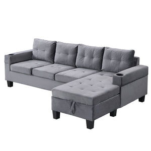 Modern Sectional Sofa Set with L Shape Chaise Lounge and Storage in Grey Velvet Fabric