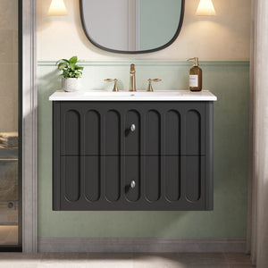 Floating Bathroom Vanity With Oval Knobs & Round Edge, Soft Close Drawer Slides