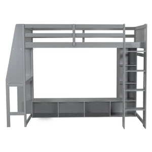 Gaming Loft Bed With Desk, Multi Storage Shelves, LED Lighting, And Hanging Clothes Rack