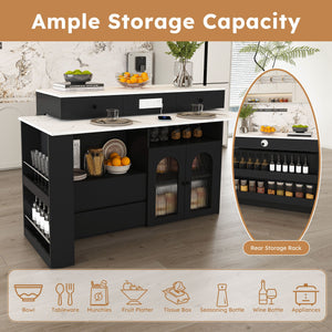 Kitchen Island With Extendable Rotating Table, 4 Drawers & Glass Door Cabinets, Built In Socket - Black