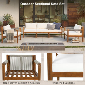 3 Piece Outdoor Sectional Sofa Set with Acacia Wood & Rope - Beige or Dark Gray