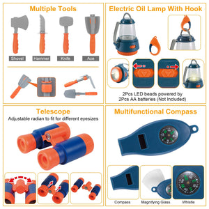 56Pcs Kids Camping Toy Set With Playtent Pretend Oil Lamp Telescope Bonfire Compass Role Play Camping Set For Over 3 Years Old Boy Girl Toddlers Campi