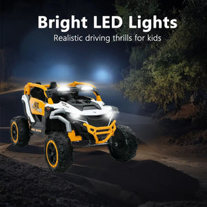 Ride On Models 12V Kids Electric Truck With Remote Control, Front & Rear Suspension, 2 Seater UTV, Flashlights, Music Player - Yellow / White