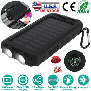 10000mAh Solar Power Bank External Battery Pack Dual USB Ports Outdoor Charger with Battery Indicators SOS LED Lights Compass Camping Hiking