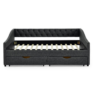 Upholstered Tufted Daybed With 2 Drawers, Waved Arms