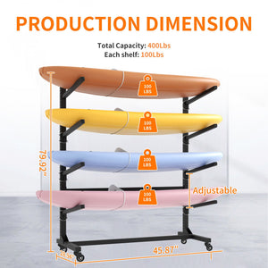 Freestanding Kayak Storage Rack With Lockable Wheels For Kayak, Canoe, Sup & Surfboard