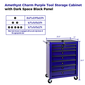 Rolling Metal Tool Chest with 7 Drawers, 20" Steel Cabinet - Purple