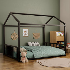 Montessori Style Floor House Shaped Bed With Safety Guardrails