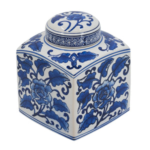 5x5x8' Hand Painted Square Canister with Blue and White Floral Pattern
