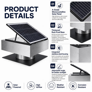 12" Stainless Steel Solar Roof Vent Fan, 40W Tilt Adjustable Solar Panel