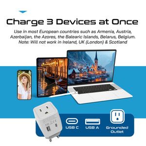 Italy Travel Adapter Plug Combo - Type C, L | USB-A + USB-C - Italian Combo (CTU-12-9C)