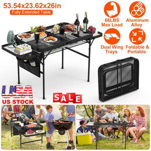 Foldable Camping Table Collapsible Picnic Aluminum Alloy Grill Stand BBQ Table with 66LBS Max Load Adjustable Height 2 Side Wing Trays Storage Net