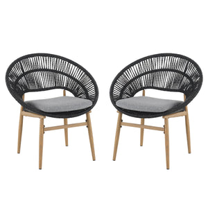 Cyril Outdoor Wicker Papasan Style Dining Chair with Teak Finished Leg and Dark Gray Faux Rattan - Set of 2