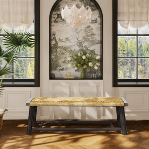 Farmhouse Modern Solid Wood Rattan Bench Multi Functional Design 59" Indoor & Covered Outdoor Bench - Walnut