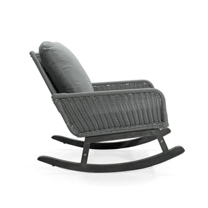 Modern 3 Piece Outdoor Seating Set with Cushioned Rattan Rocking Chairs and Wooden Accent Table