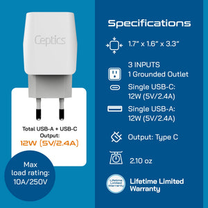 Italy Travel Adapter Plug Combo - Type C, L | USB-A + USB-C - Italian Combo (CTU-12-9C)