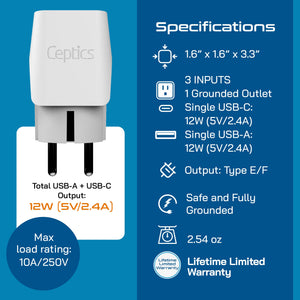 Europe (Schuko) Travel Adapter - Type E/F - Dual USB (CTU-9)