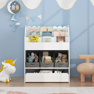 Bookshelf With Storage Bins And Drawer, Multi Functional Book Organizer For Toddlers - White