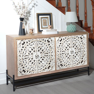 4 Door Wood Cabinet, Vintage Carved Wood with Metal Base