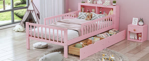 Bed With Headboard Storage Rack, 2 Under Bed Drawers, 3 Side Guardrails For Safety