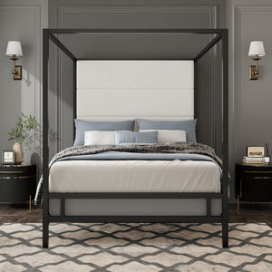 Canopy Bed With Tall Upholstered Headboard, 4 Poster Frame