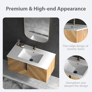 36 Inch Wall-Mounted Bathroom Vanity with 3D Fluted Panel & Ceramic Integrated Sink