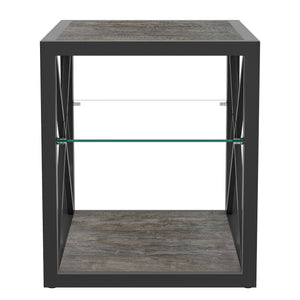 Modern End Table Nightstand with Tempered Glass & Wood Grain MDF