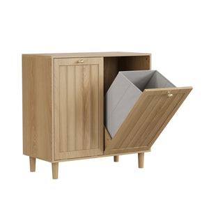 Sloping Laundry Basket With Removable Inner Bin, Concealed Storage Cabinet For Bathroom - Oak