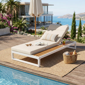 White Iron & Teak Finish Chaise Lounge Set: 1 Frame + 1 4-Fold