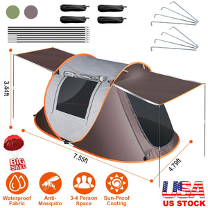 3-4 Person Pop Up Tent Automatic Setup Camping Tent Waterproof Instant Setup Tent with 2 Mosquito Net Windows Carrying Bag for Hiking Climbing Adventu