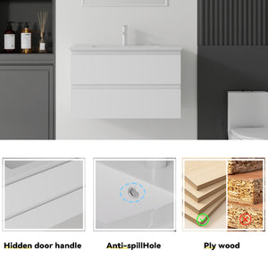 30 Inch Floating Bathroom Vanity with Sink, Soft-Close Drawer, Ceramic Sink, Plywood