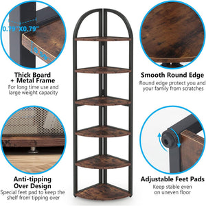Tall 6 Tier Corner Shelf, Freestanding Bookshelf For Living Room - Rustic Brown