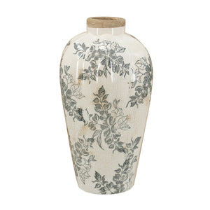 6.7x6.7x11.6' White Ceramic Accent Vase with Gray Floral Design