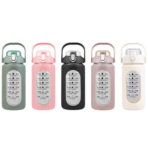 34Oz Glass Water Bottle Sports Water Bottle Motivational Water Bottle Water Intake Tracker Bottle with Straw Time Marker Silicone Sleeve Handle for Gy
