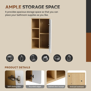 Wall Mounted Bathroom Side Cabinet, Single Door With 3 Tier Open Shelves - Black / Light Oak / White