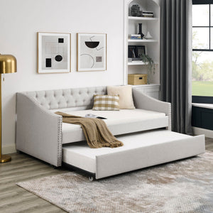 Upholstered Tufted Daybed With Drawers, Waved Arms
